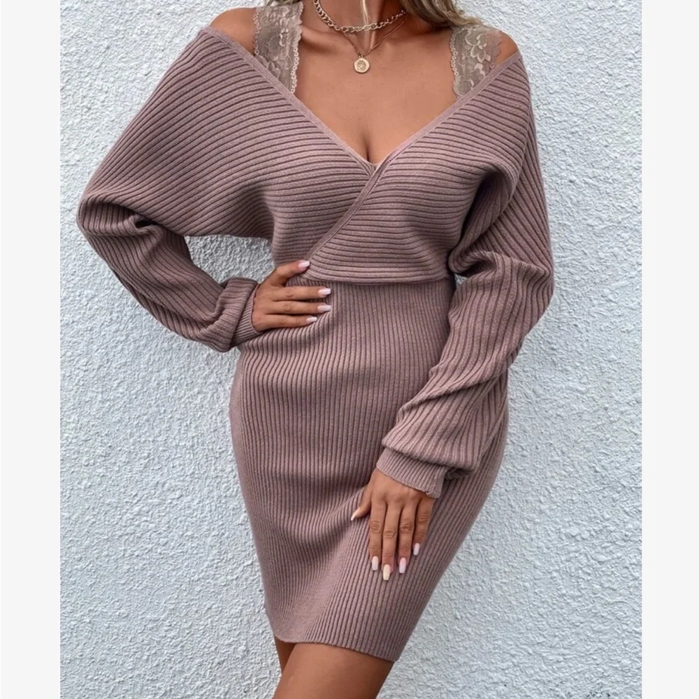 Elegant Contrast Lace Cold Off the Shoulder Dolman Sleeve Ribbed Sweater Dress - Picture 1 of 6